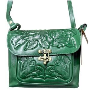 Patricia Nash Rose Tooled Leather Crossbody Leandra Flap Bag Green